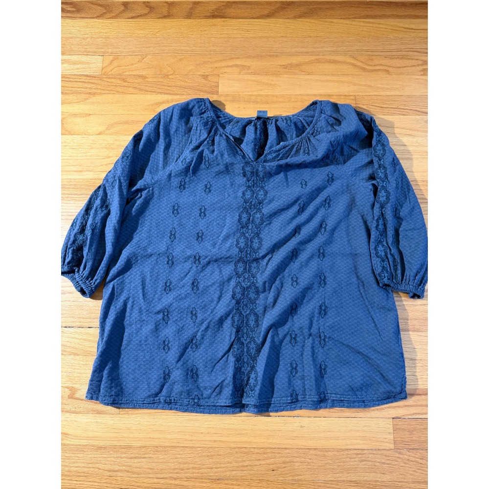 Bobbie Brooks Blue Embroidered Cotton Peasant Blouse XXL Boho 3/4 Sleeve Top